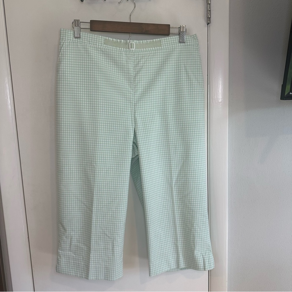 Cottagecore Wide Leg Gingham Capris. Size: 12. Green and White.